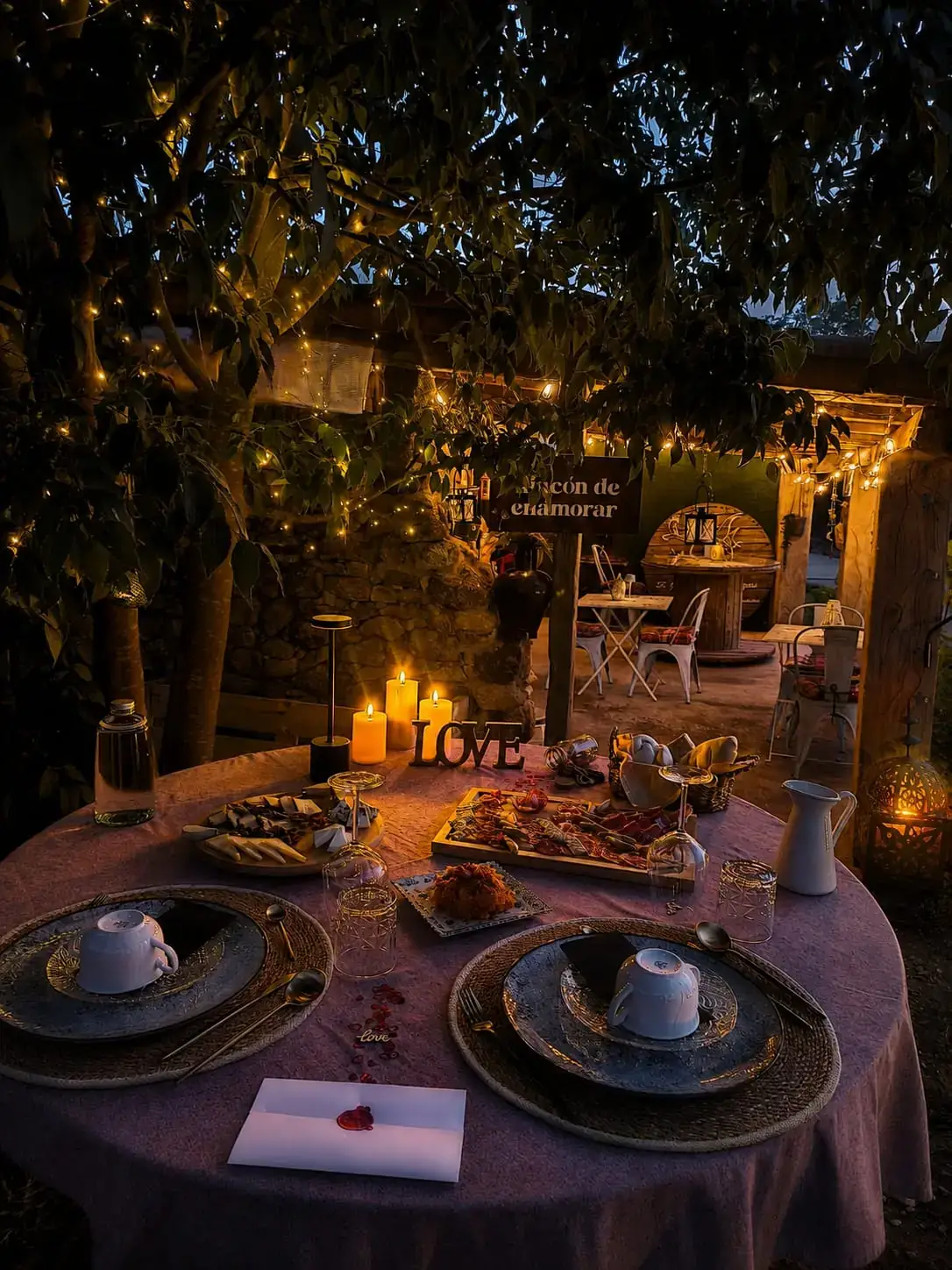 Mesa de cena con velas y luces cálidas en el Rincón de Enamorar