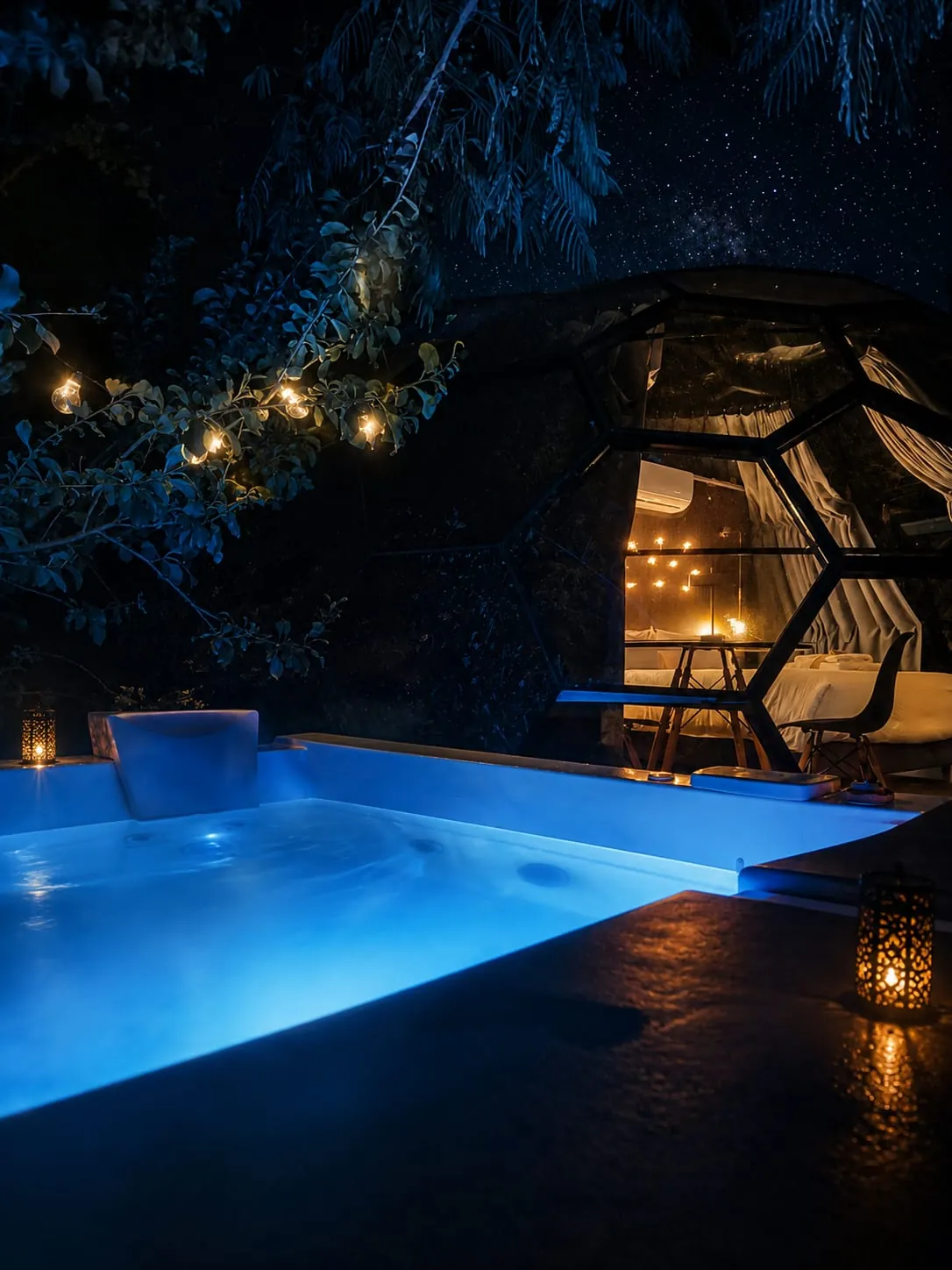 El jacuzzi del Sky Dome encendido de noche, con el agua iluminada en azul en primer plano, una guirnalda de bombillas colgando del árbol y el domo geodésico iluminado por dentro al fondo, bajo un cielo lleno de estrellas