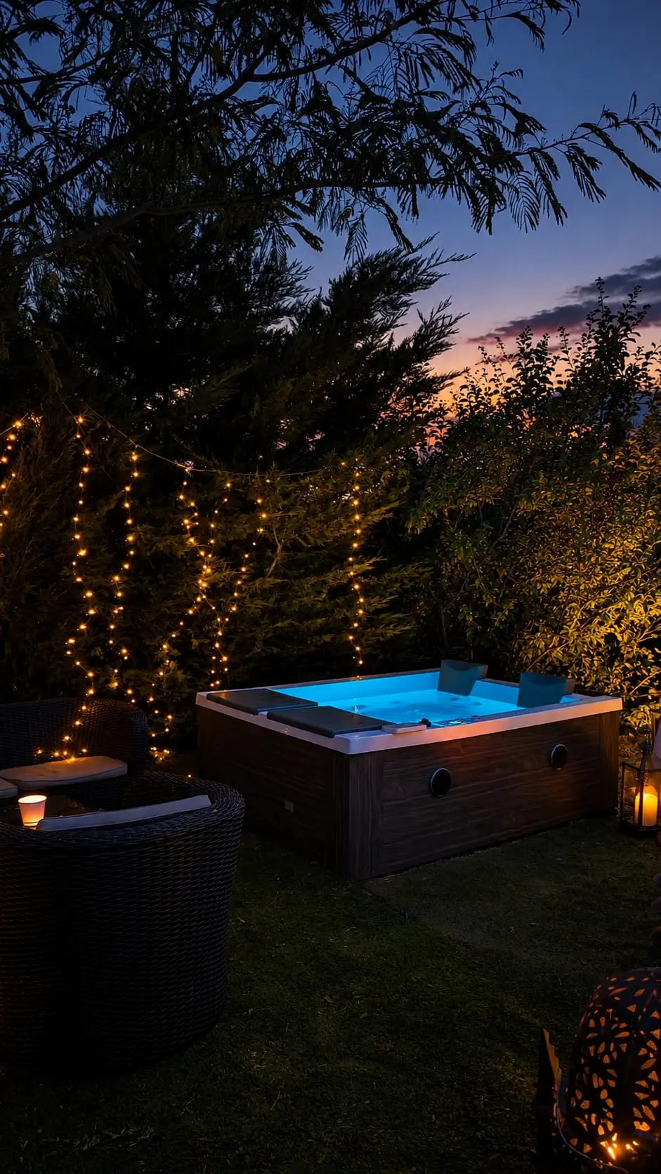 El jacuzzi privado del Sky Dome encendido al anochecer, con guirnaldas de luces