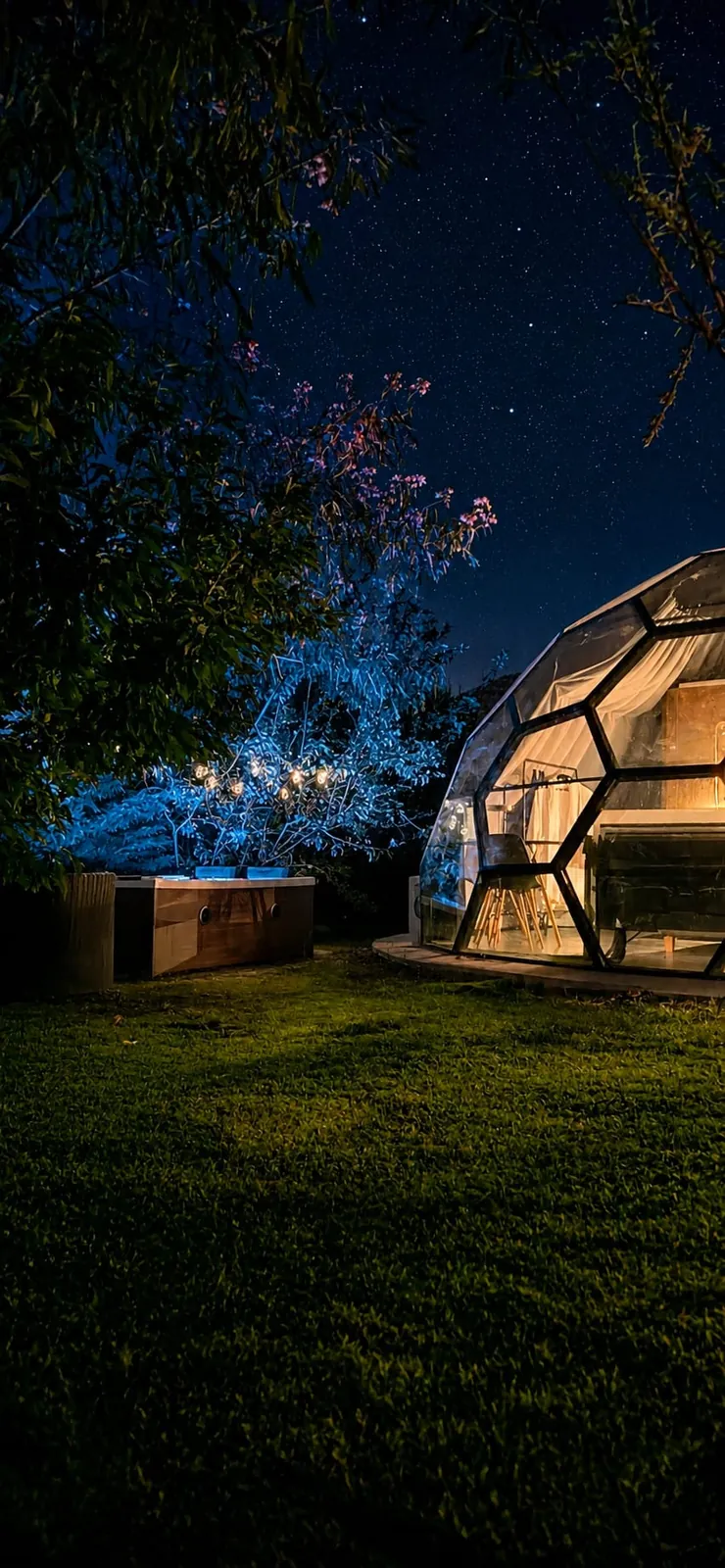El Sky Dome entero de noche visto desde el césped, iluminado por dentro, con el jacuzzi y un árbol lleno de guirnaldas a la izquierda y el cielo estrellado encima