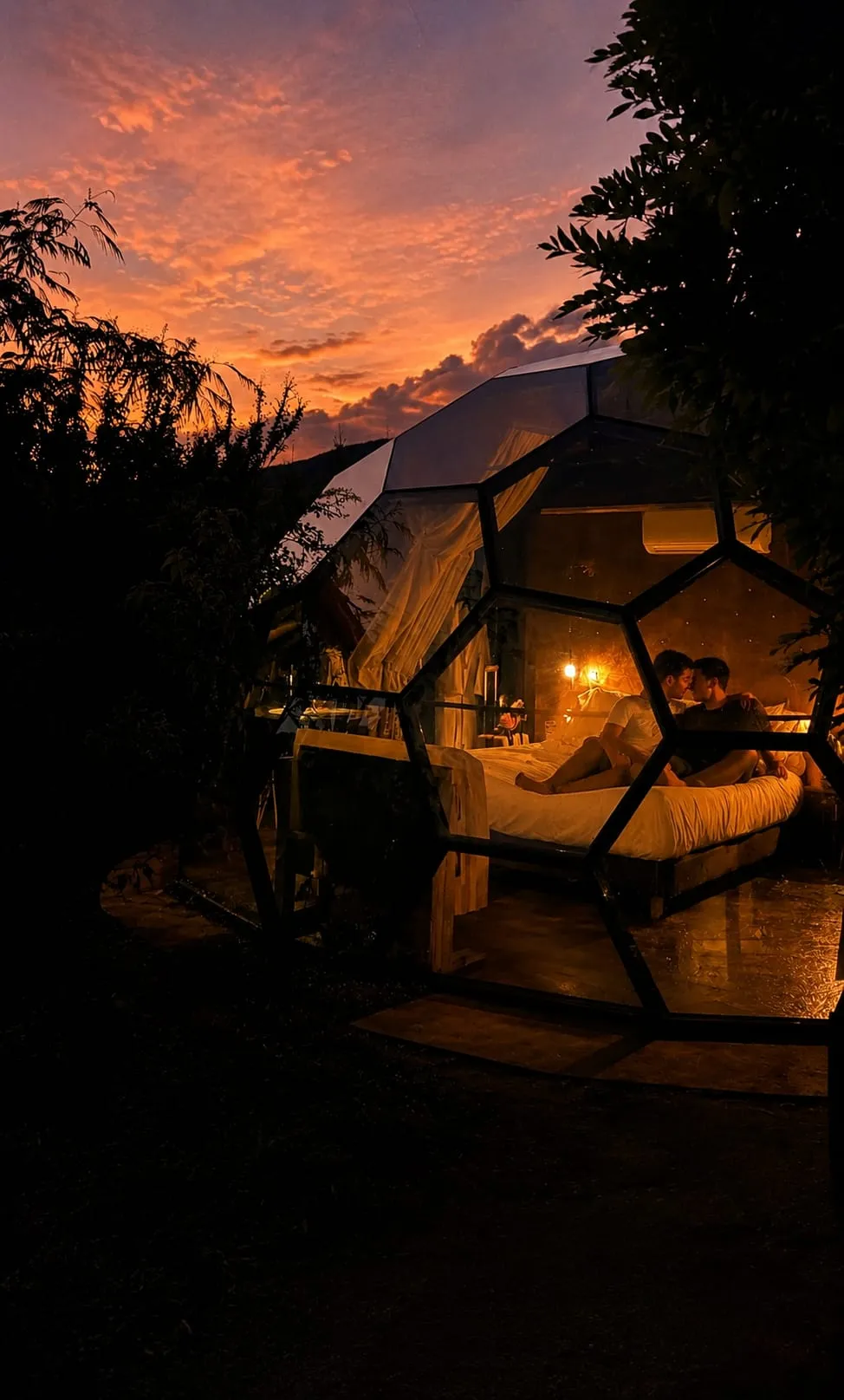 El Sky Dome al anochecer, encendido por dentro, con el cielo naranja del atardecer detrás
